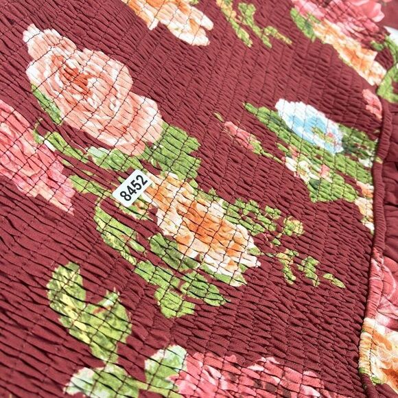 Vici Midi Dress Women XL Burgundy Floral Smocked Square Neck Belted Waist Tiered - Picture 12 of 12